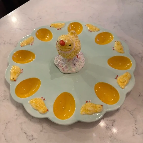 Charming Yellow Green Chick Deviled Egg Platter Easter Whimsical Ceramic 3D - Picture 2 of 5